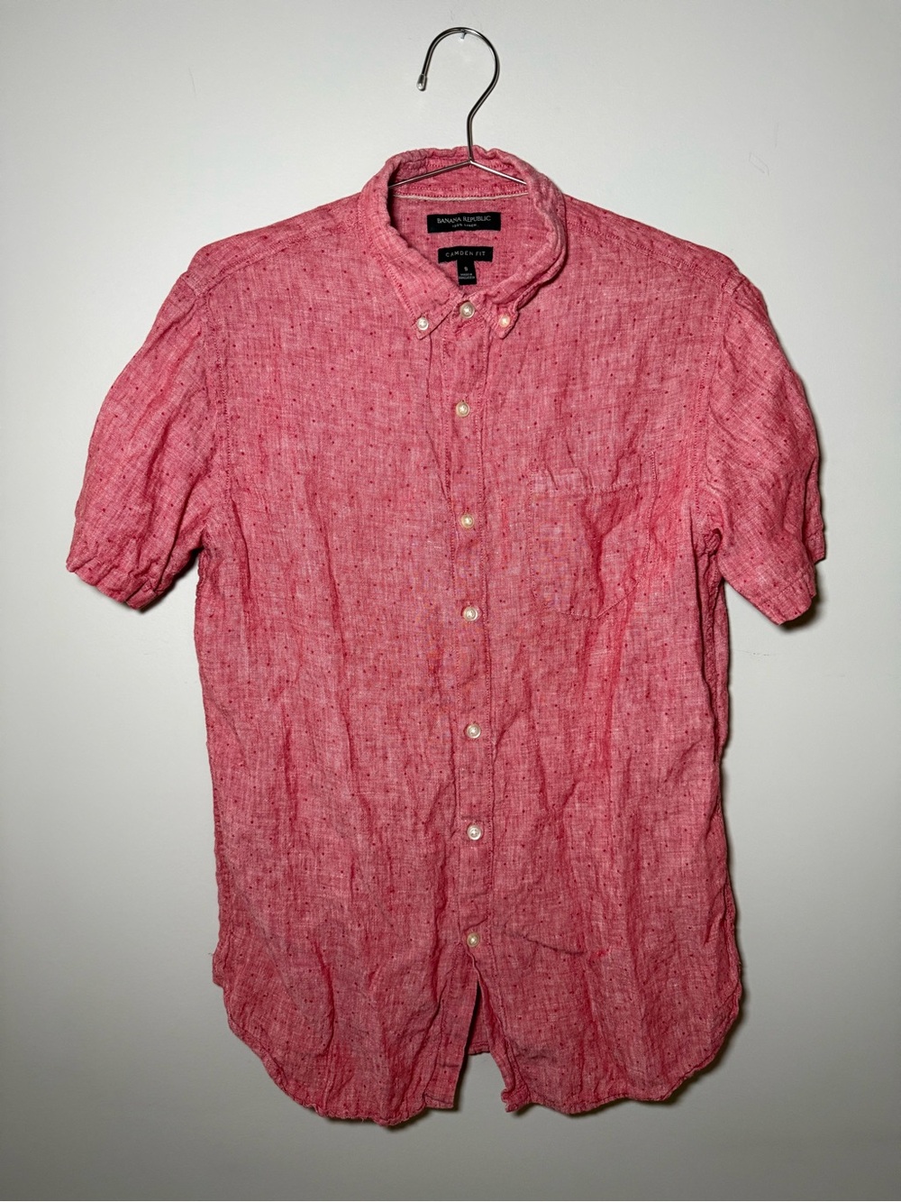 Banana Republic Camden 100% Linen Shirt Red Pink Short Sleeve Button Up Size S